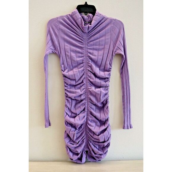 Monrow Women's Sz Small Purple Flat Rib Mock Neck L/S Shirred Mini Dress - Picture 3 of 10